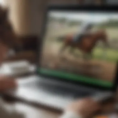 An illustration representing online betting platforms with a laptop and horse racing graphics.