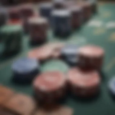 A close-up of tournament chips and cards laid out on a table